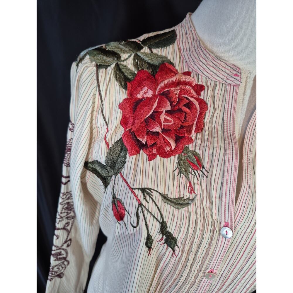 Johnny Was 3J Workshop Attico Rose Embroidery Pinstripe Shirt Cream Red Medium - Picture 4 of 14